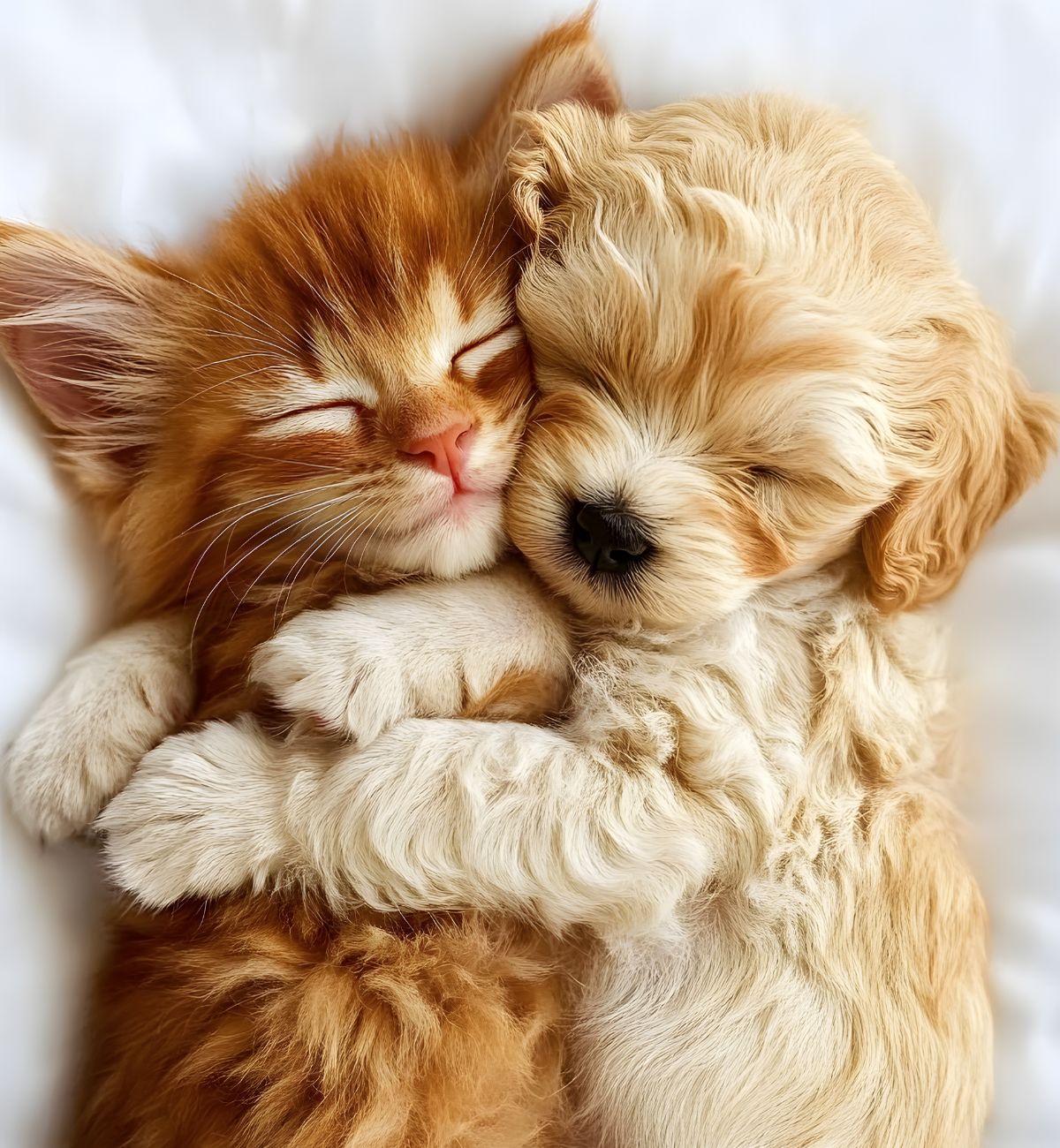Sleeping kitten and puppy hugging